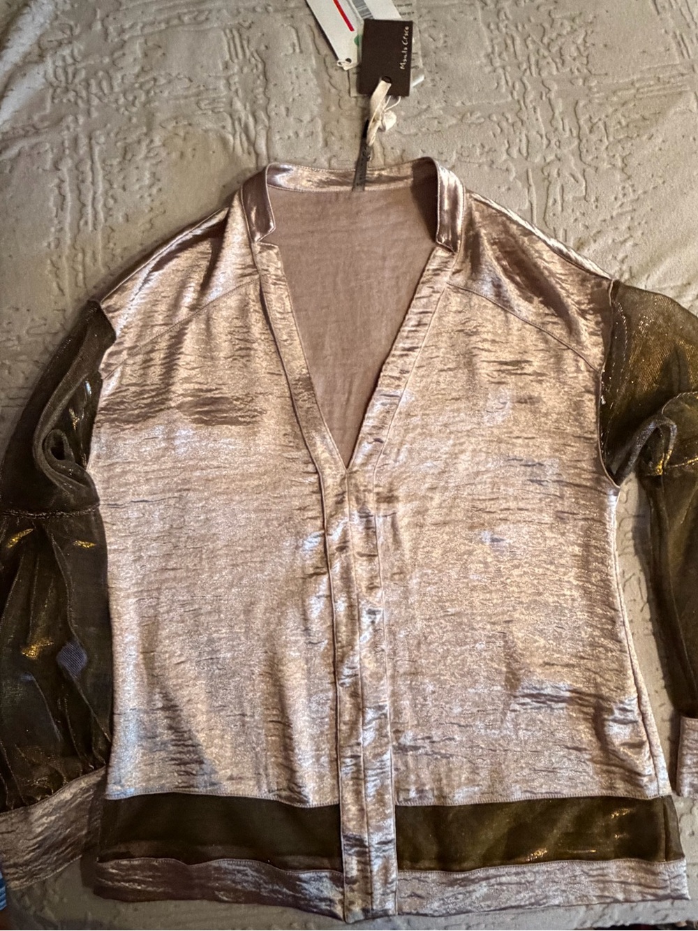 Sheer Sleeve Shimmery Metallic Top - Neutral Tones